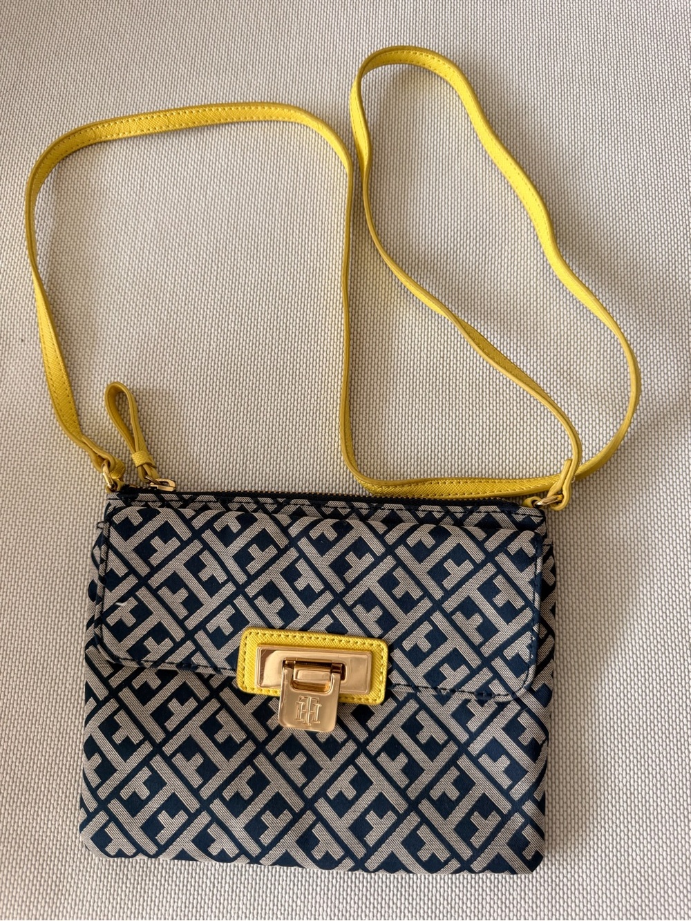 Tommy Hilfiger Navy Monogram Crossbody with Yellow Strap and Trim